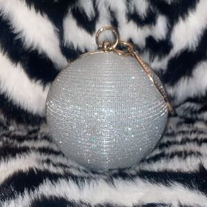 Silver glitter sphere clutch with gold & crystal ringlet & detachable gold chain
